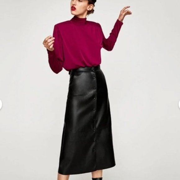 Zara Dresses & Skirts - Zara Faux Leather Midi Skirt High Waist With Buttons